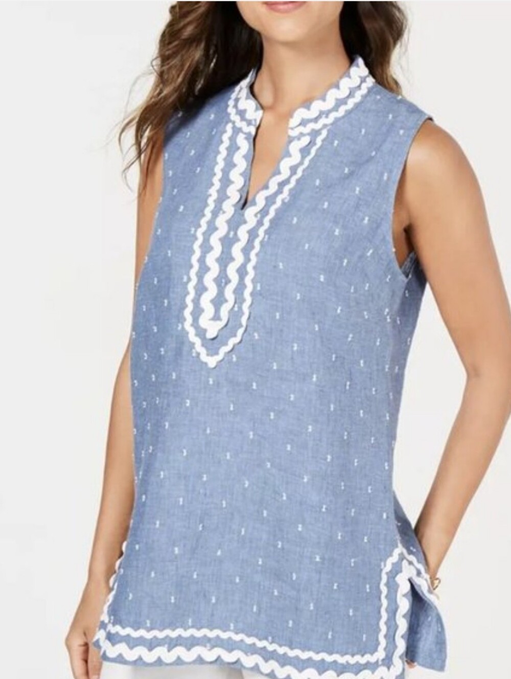 Charter Club Sleeveless  Blue Tunic with White Ric Rac Trim  Linen Tunic Top szL